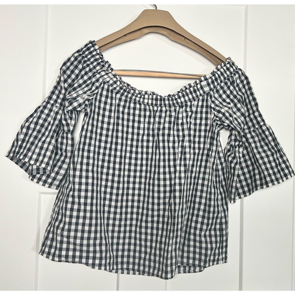 Abercrombie and Fitch Off the Shoulder Shirt Black White Gingham MEDIUM‎ - Picture 2 of 10